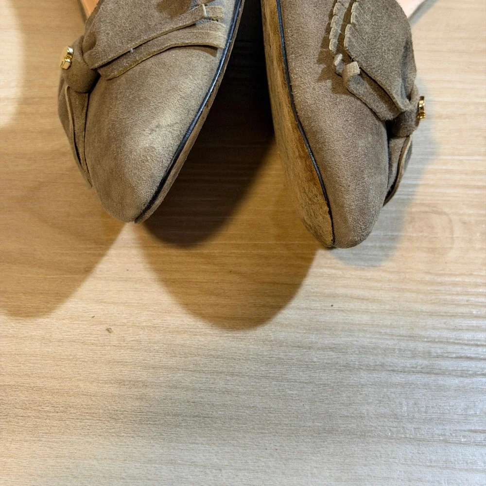 Kate Spade Wedge Heels Womens 8M Taupe Suede‎ Bow Fringe Dress Shoes